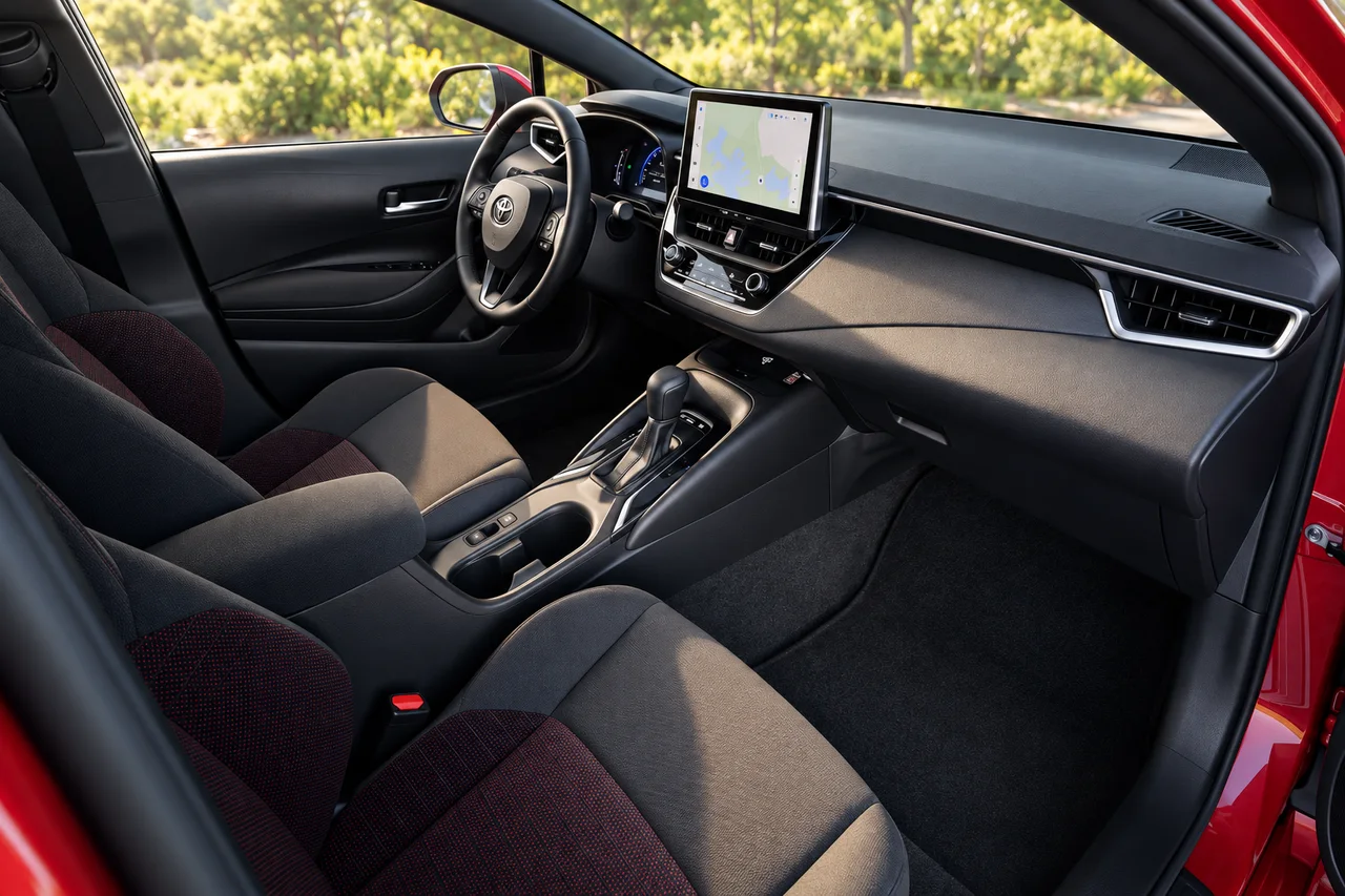 AI-recreated Toyota Corolla cabin with black fabric seats, dark red inserts, a center display and automatic gear selector.