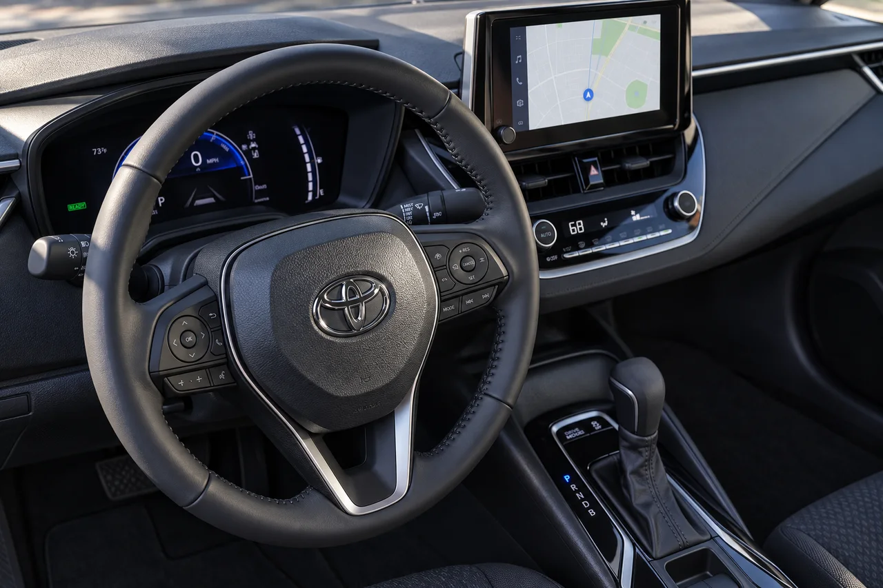 AI-recreated detail of a Toyota Corolla steering wheel, instrument cluster, center display and physical climate controls.