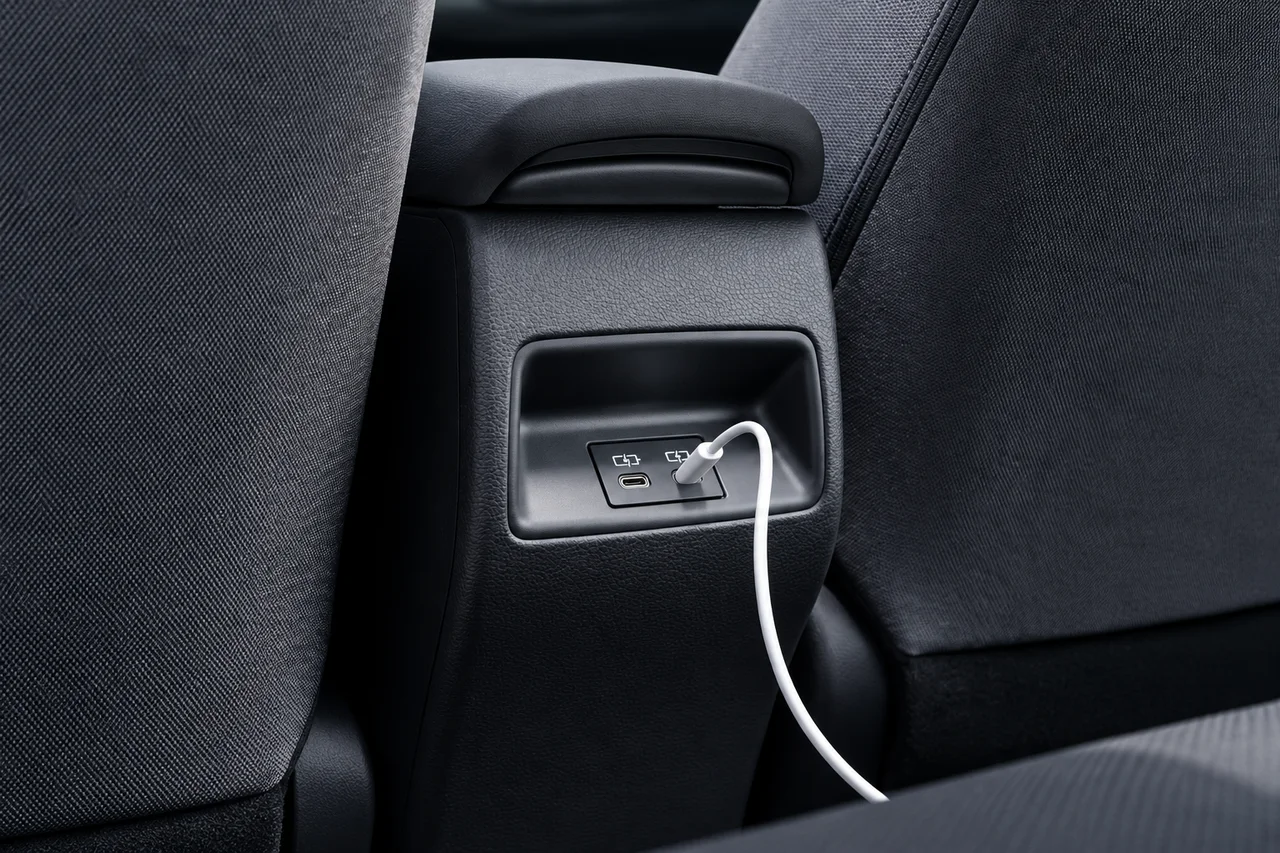 AI-recreated rear center console detail with two USB-C connections and a white cable between black fabric seat backs.