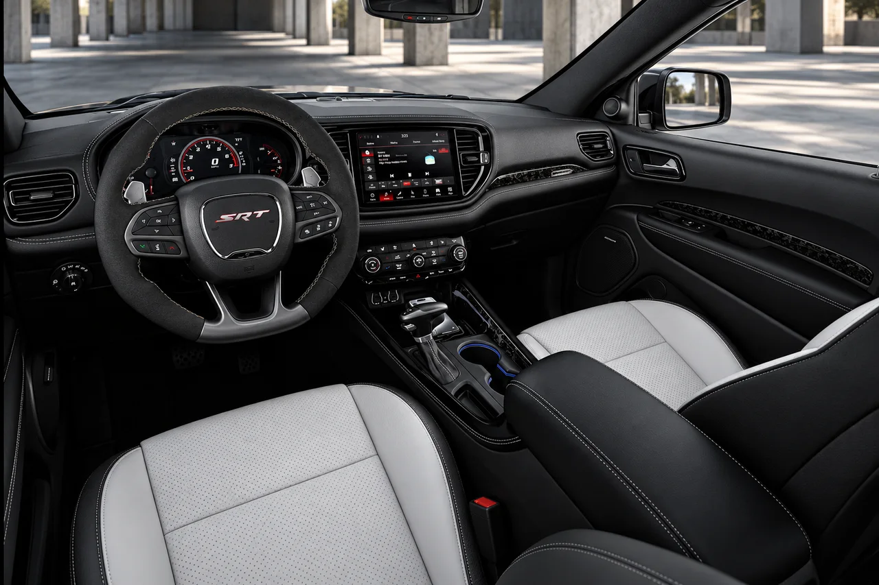 AI-recreated Durango cabin variant with light grey seat centers, black bolsters, SRT steering wheel and a center console with gear selector.