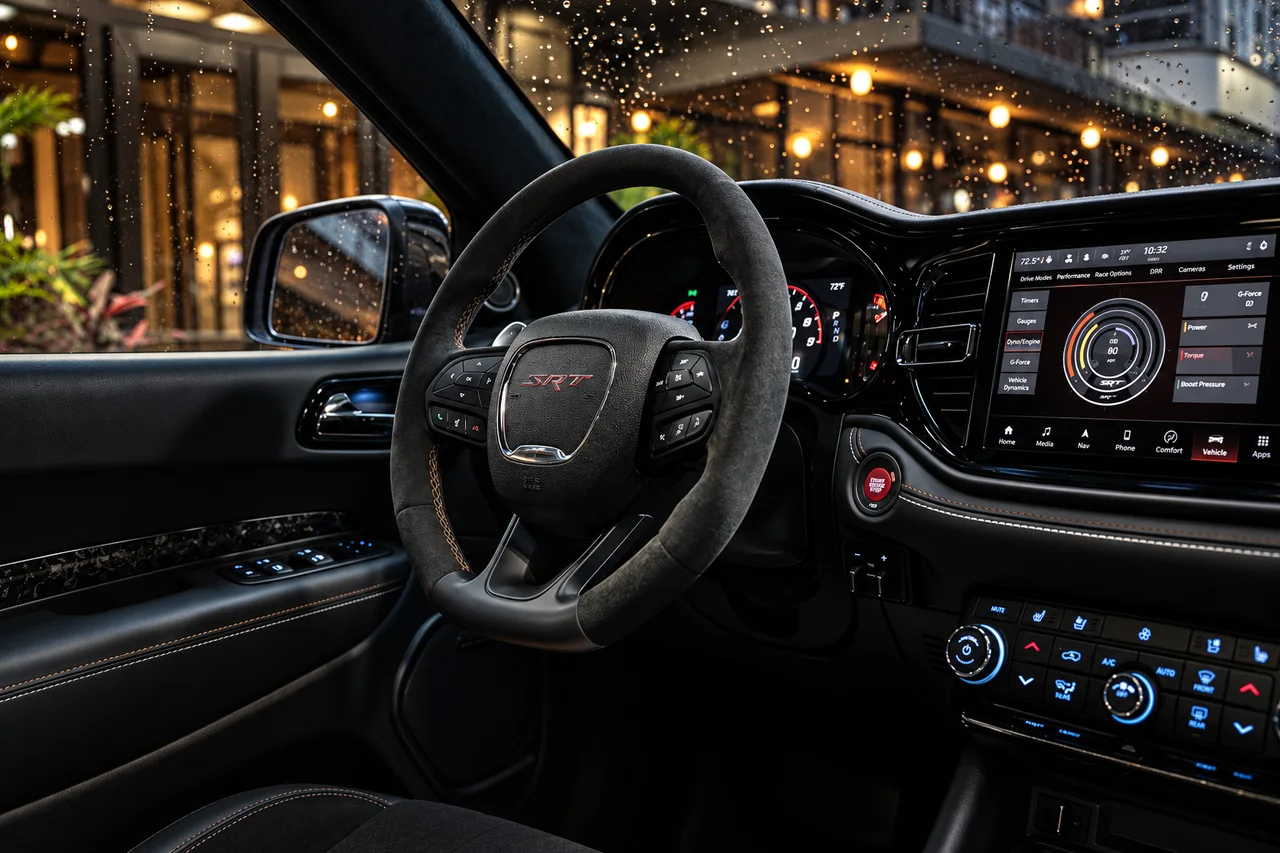 AI-recreated Dodge Durango SRT cockpit with a factory-badged steering wheel, instrument cluster, center display and physical climate controls.