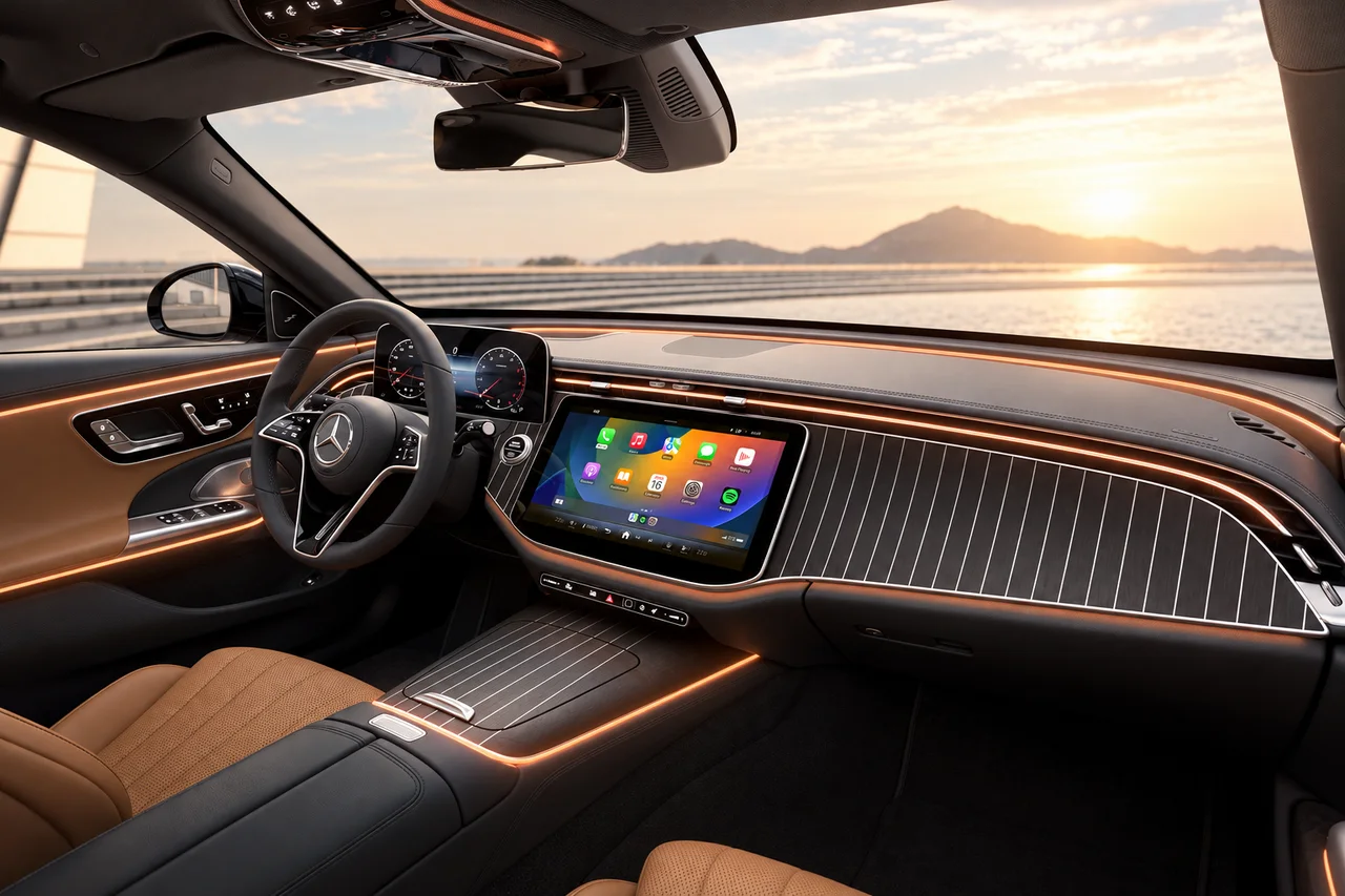 AI-enhanced reference of a Mercedes-Benz E350 dashboard with a central screen, separate instrument display, striped dark trim and copper ambient lighting.