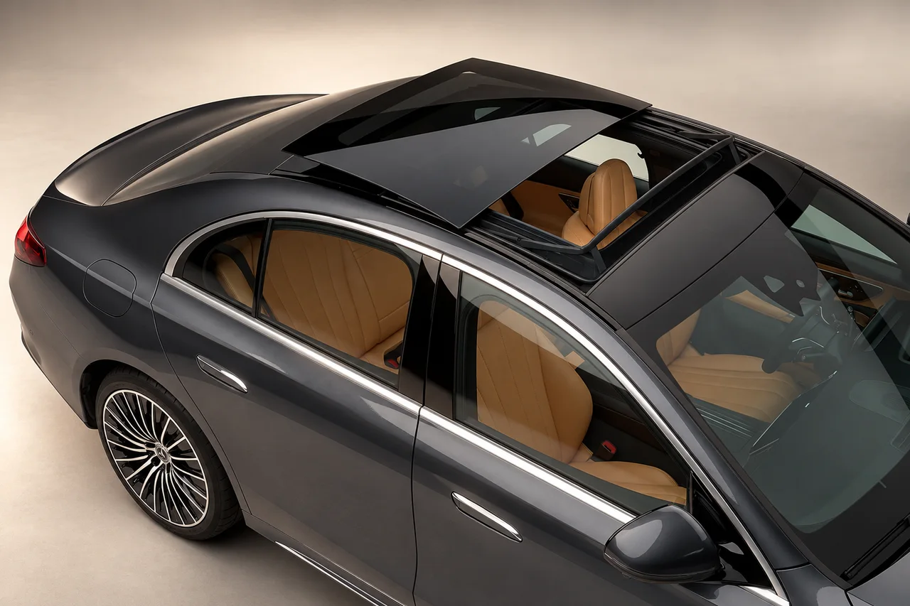 AI-enhanced overhead reference of a graphite Mercedes-Benz E350 sedan with an open panoramic roof and camel seats visible through the glass.