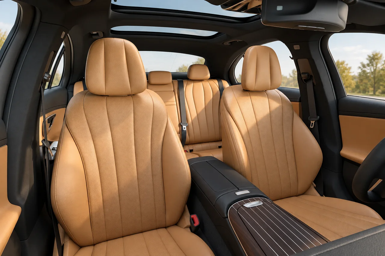 AI-enhanced reference of camel perforated front seats and a rear bench beneath the glass panoramic roof of a Mercedes-Benz E350 sedan.