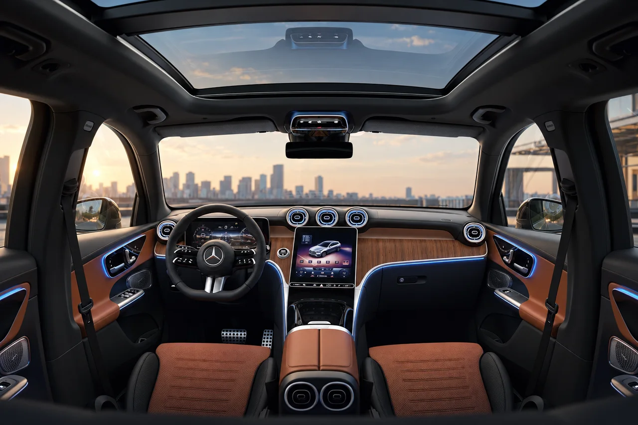 AI-enhanced reference of a Mercedes-Benz GLC cabin with brown and black seats, a panoramic glass roof, wood dashboard and blue ambient lighting.