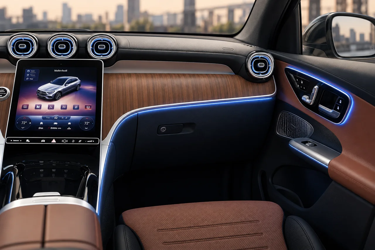 AI-enhanced reference showing the portrait center screen, circular air vents, wood dashboard trim and blue ambient lighting in a Mercedes-Benz GLC.