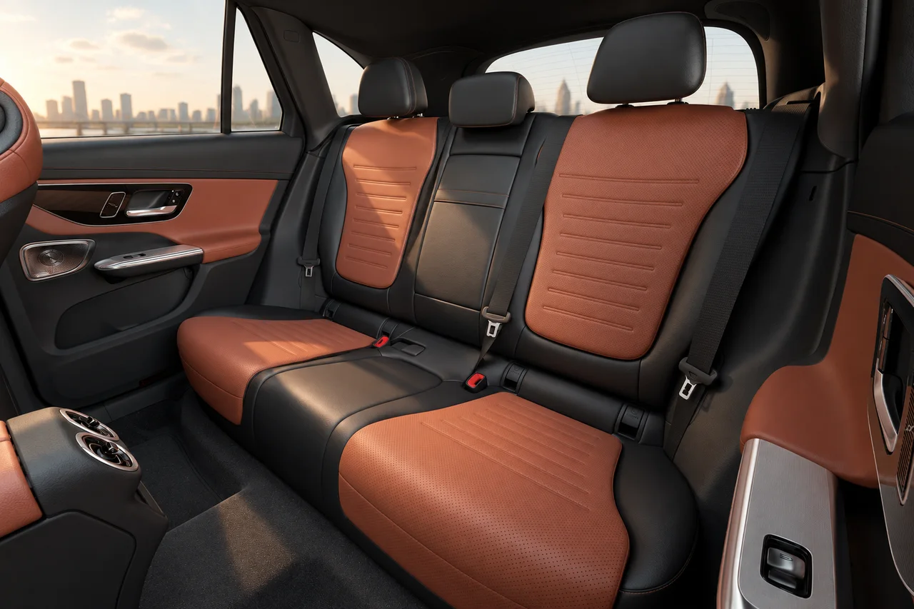 AI-enhanced reference of a Mercedes-Benz GLC rear bench with brown perforated seat inserts, black bolsters, three headrests and seat belts.