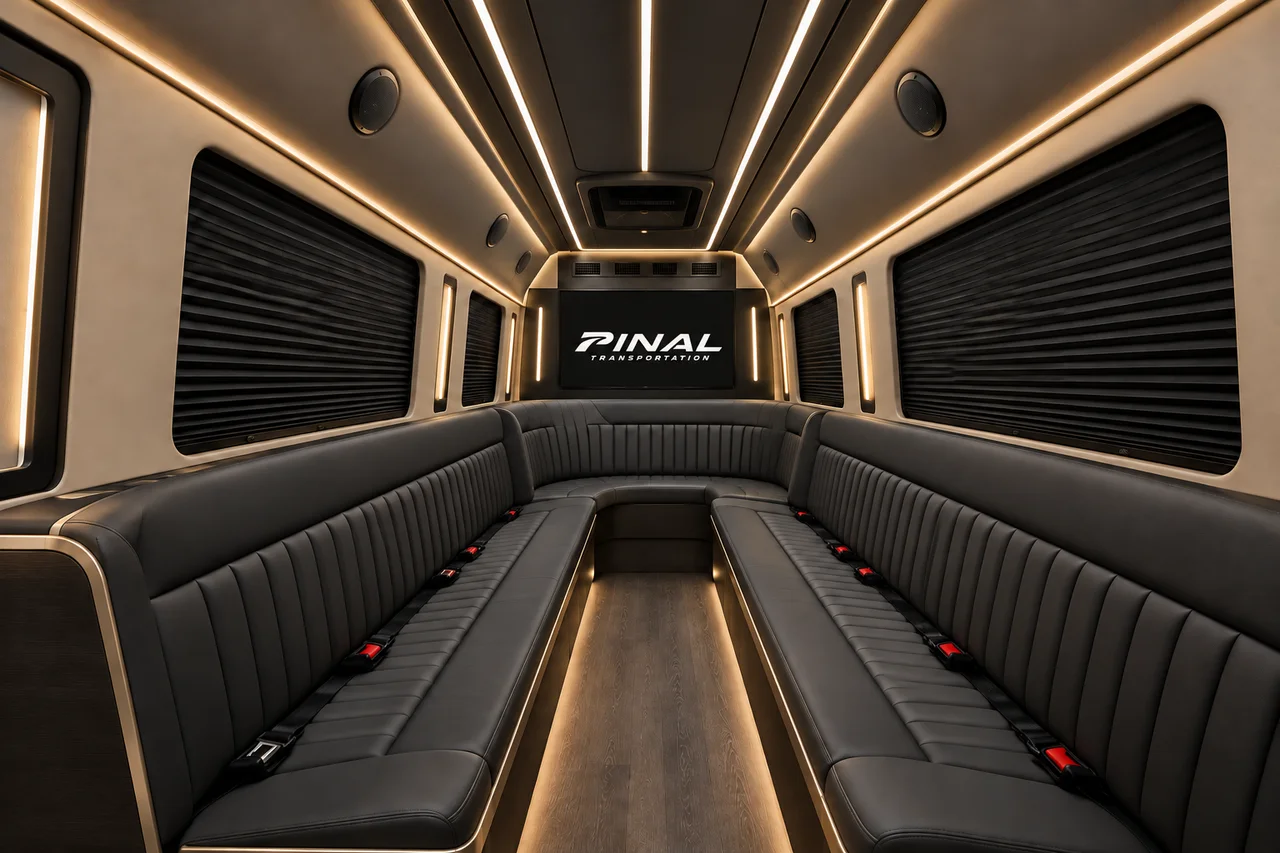 AI-generated limousine Sprinter concept with vertically stitched benches, taupe walls and the Pinal Transportation logo on the front screen.