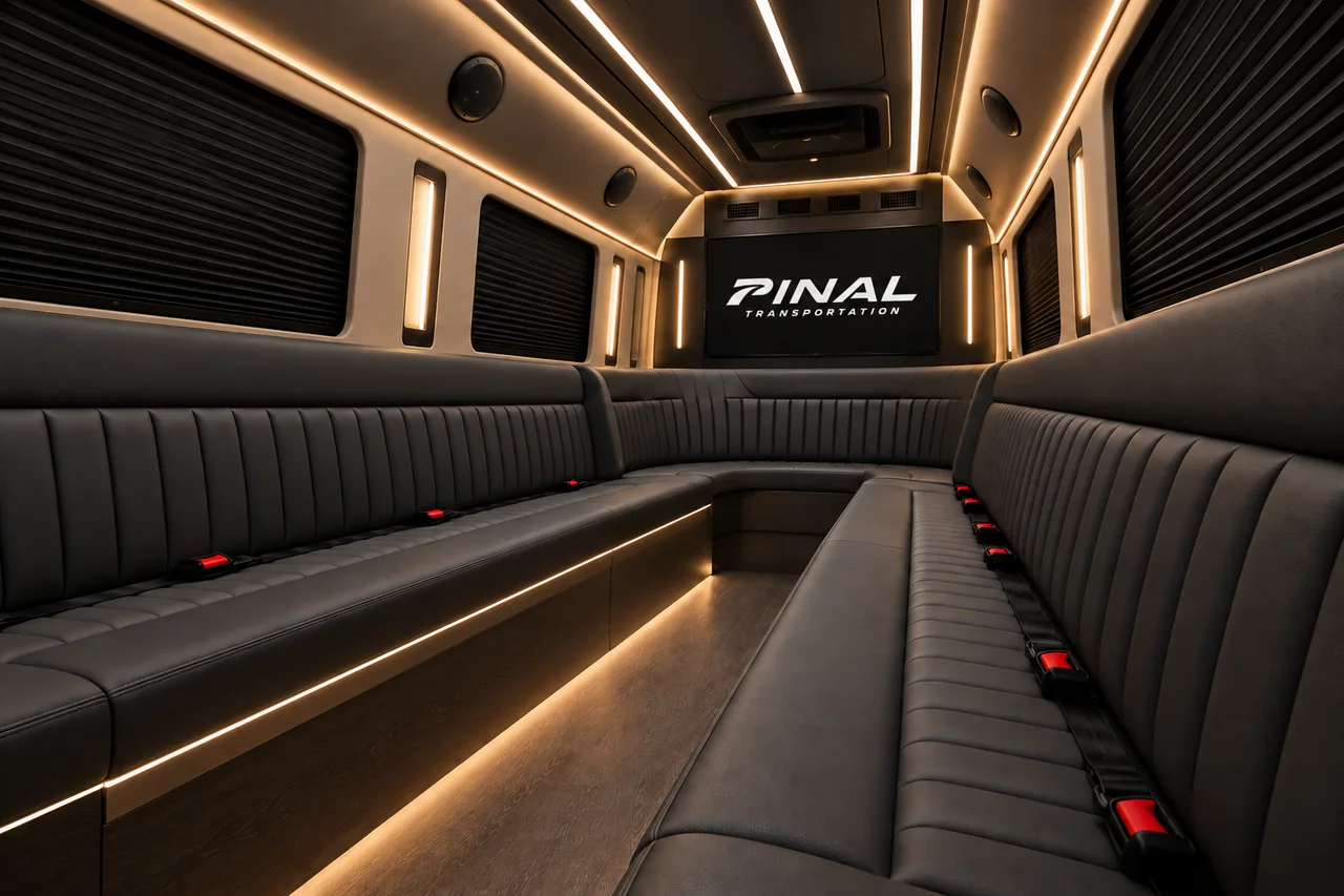 AI-generated diagonal limousine Sprinter concept with charcoal benches, champagne lighting and the Pinal Transportation logo on the screen.