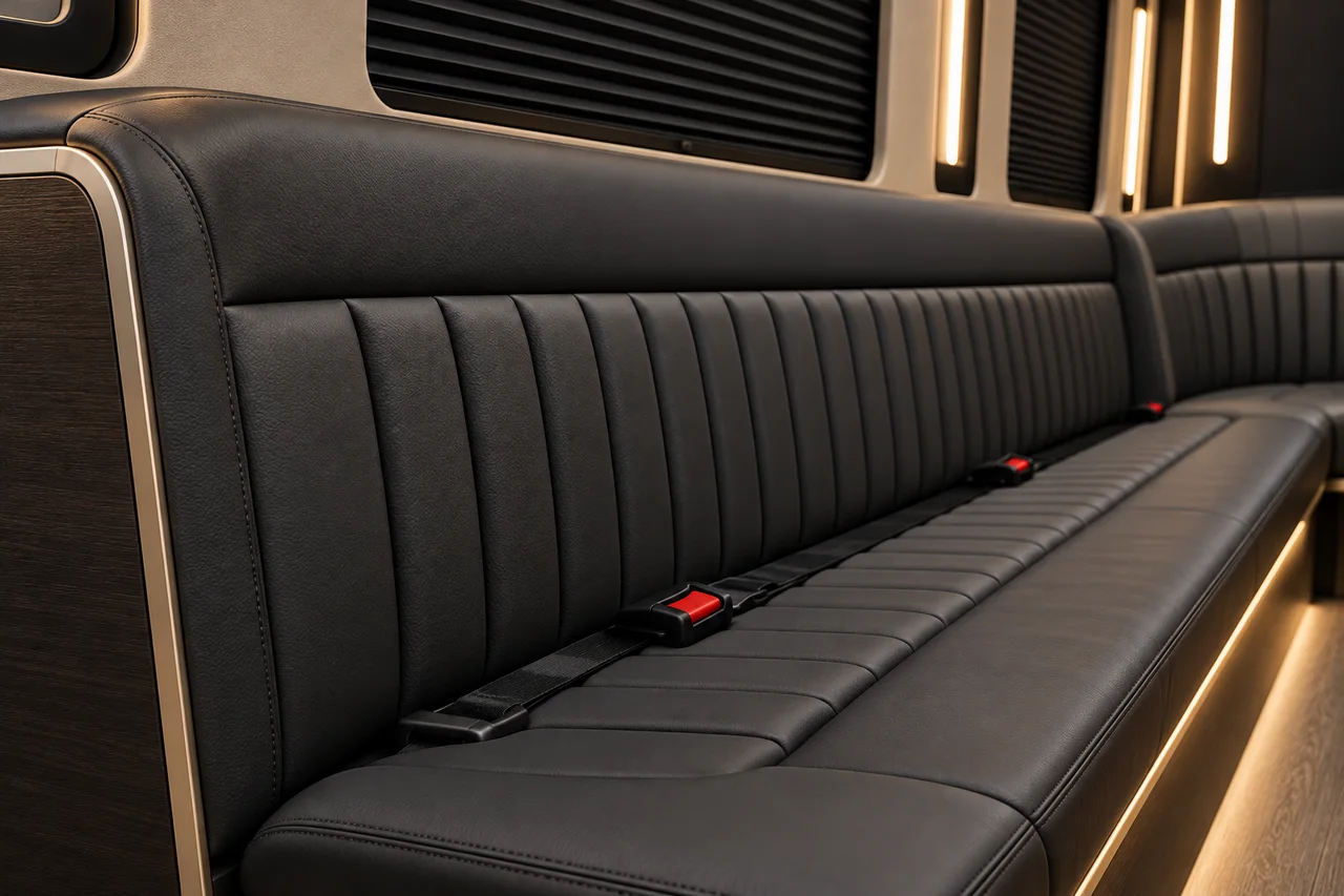 AI-generated detail of charcoal seating with vertical stitching, a lap belt, smoked wood trim and a recessed warm lighting strip.