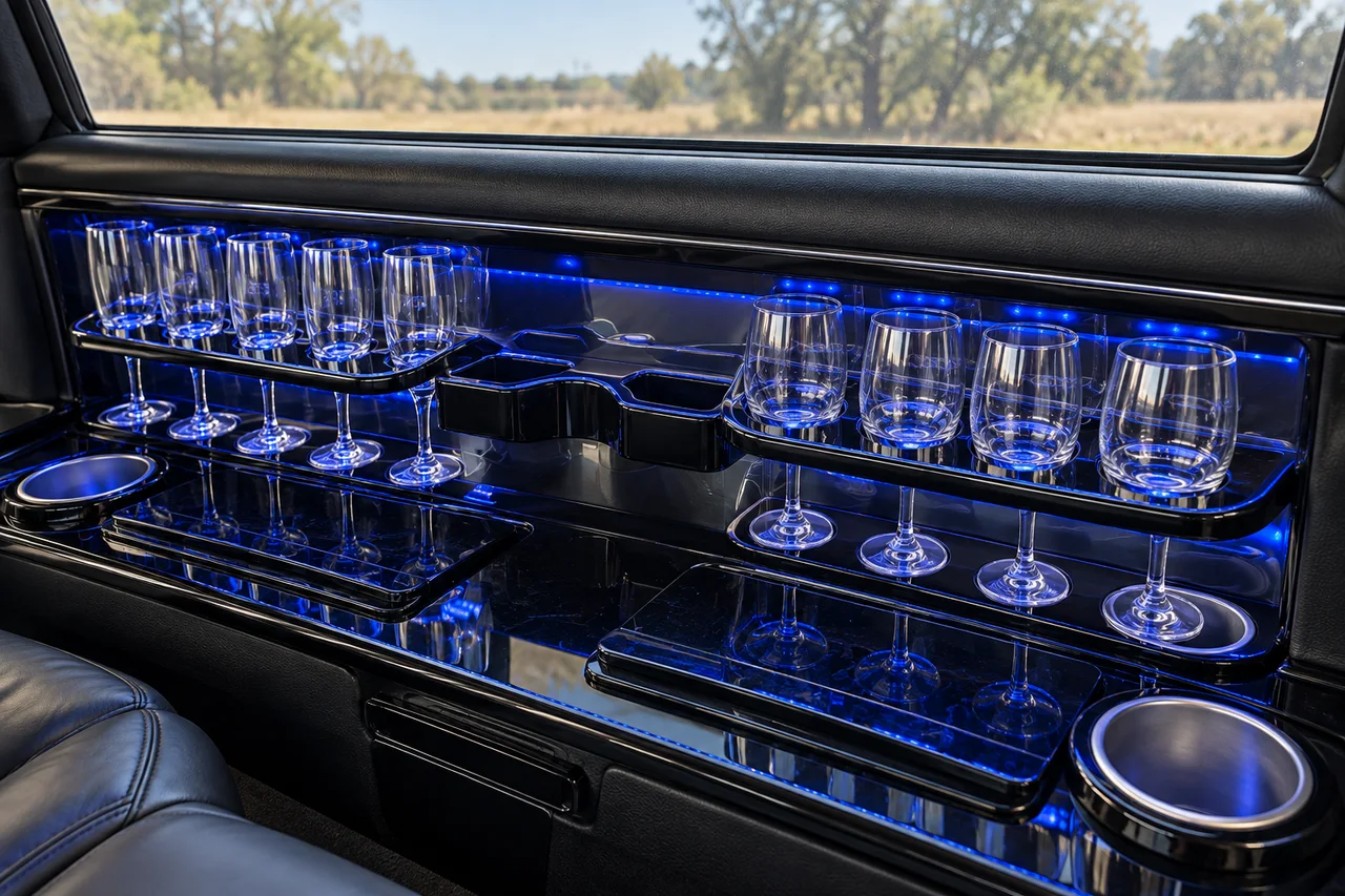 AI-recreated limousine side console design with dark glossy trim, empty glassware racks, recessed cupholders and blue accent lighting.
