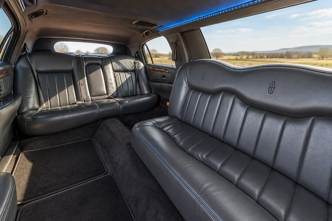 AI-recreated Lincoln stretch limousine interior with charcoal leather benches, vertical stitching, dark carpet and subtle blue ceiling-edge lighting.