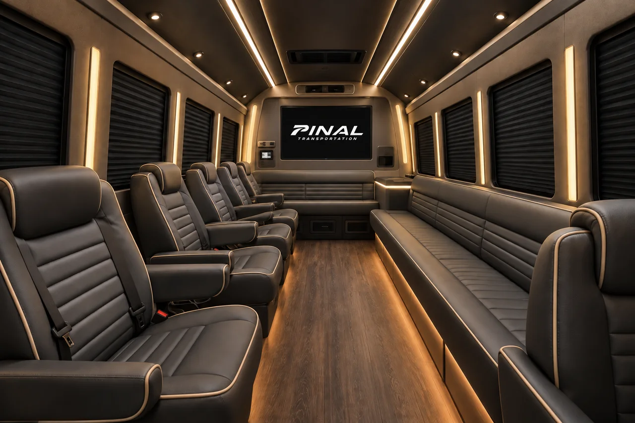 AI-generated party bus concept with graphite captain seats, a lateral bench, warm champagne lighting and the italic Pinal Transportation logo on the front screen.