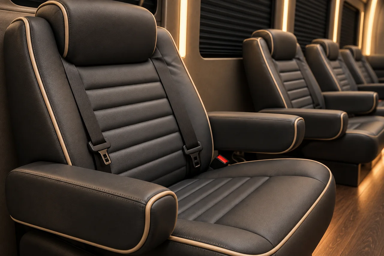 AI-generated detail of a graphite captain seat with horizontal stitching, armrests, seat belt and subtle warm interior lighting.