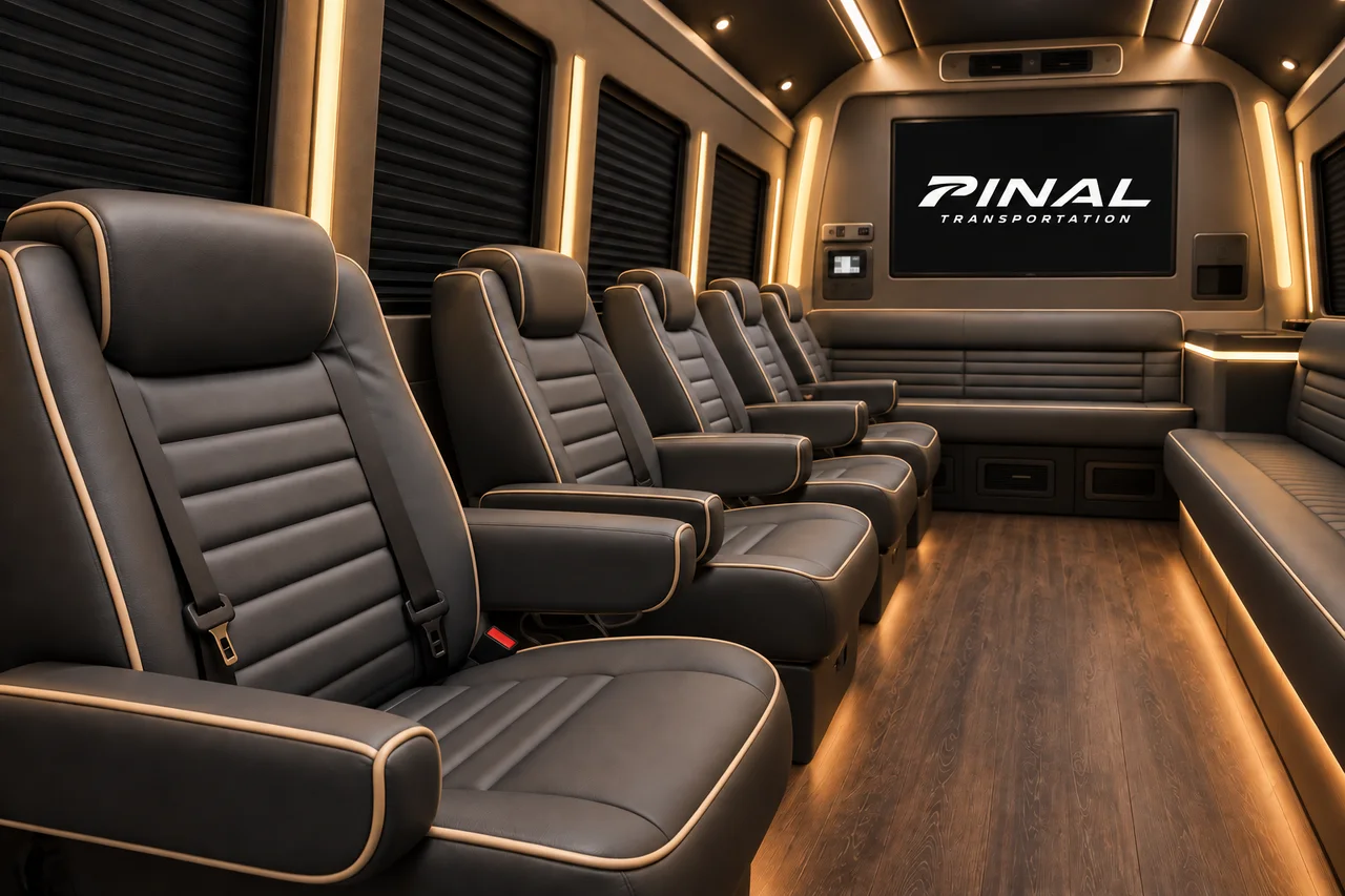 AI-generated diagonal view of party bus seating with horizontal upholstery channels, champagne piping, a smoked wood aisle and the italic Pinal Transportation logo on the screen.
