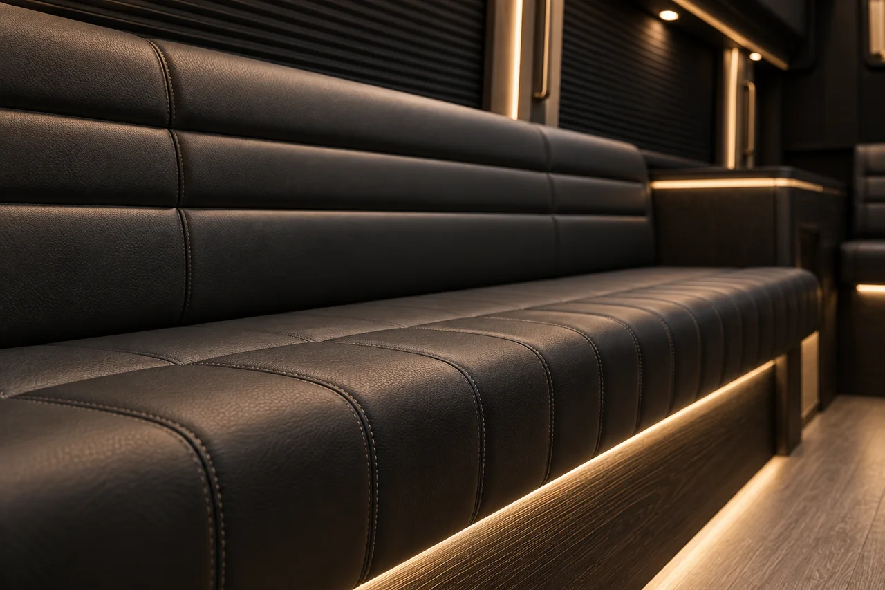 AI-generated close-up of charcoal leather upholstery with horizontal stitching, dark wood trim and a recessed warm lighting strip.