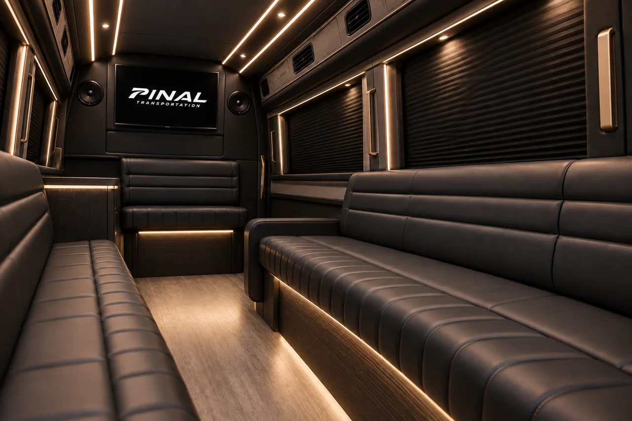 AI-generated diagonal Sprinter lounge concept with horizontal upholstery channels and the Pinal Transportation logo on the screen.