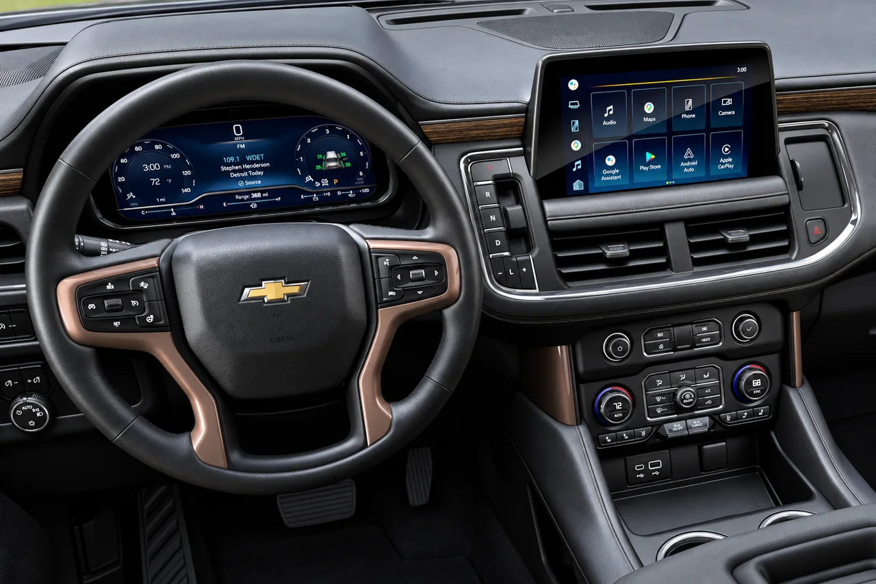 AI-enhanced reference of a Chevrolet Suburban dashboard with a black steering wheel, gold Chevrolet emblem, separate instrument cluster and center touchscreen.