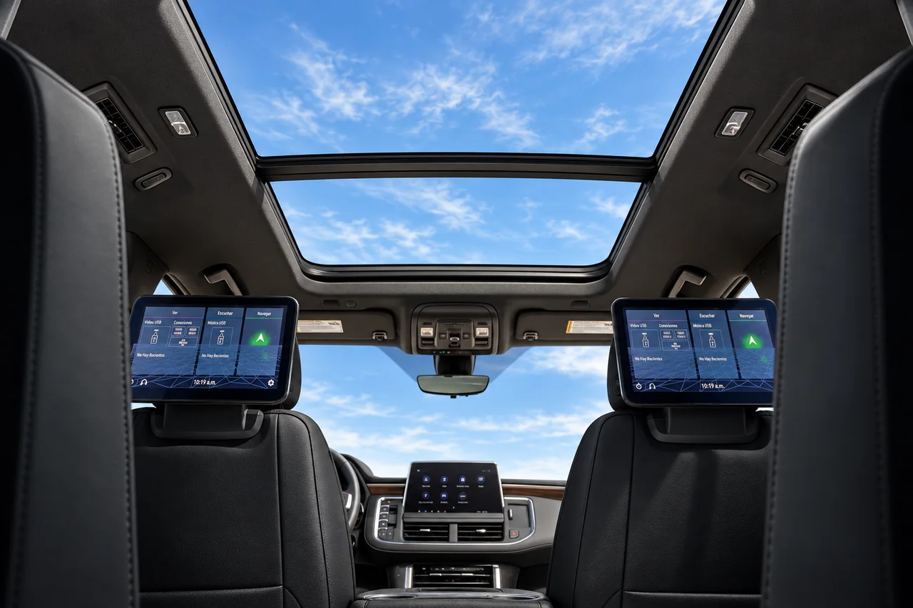 AI-enhanced reference looking forward through a black Suburban cabin with a two-section panoramic glass roof and two screens behind the front headrests.