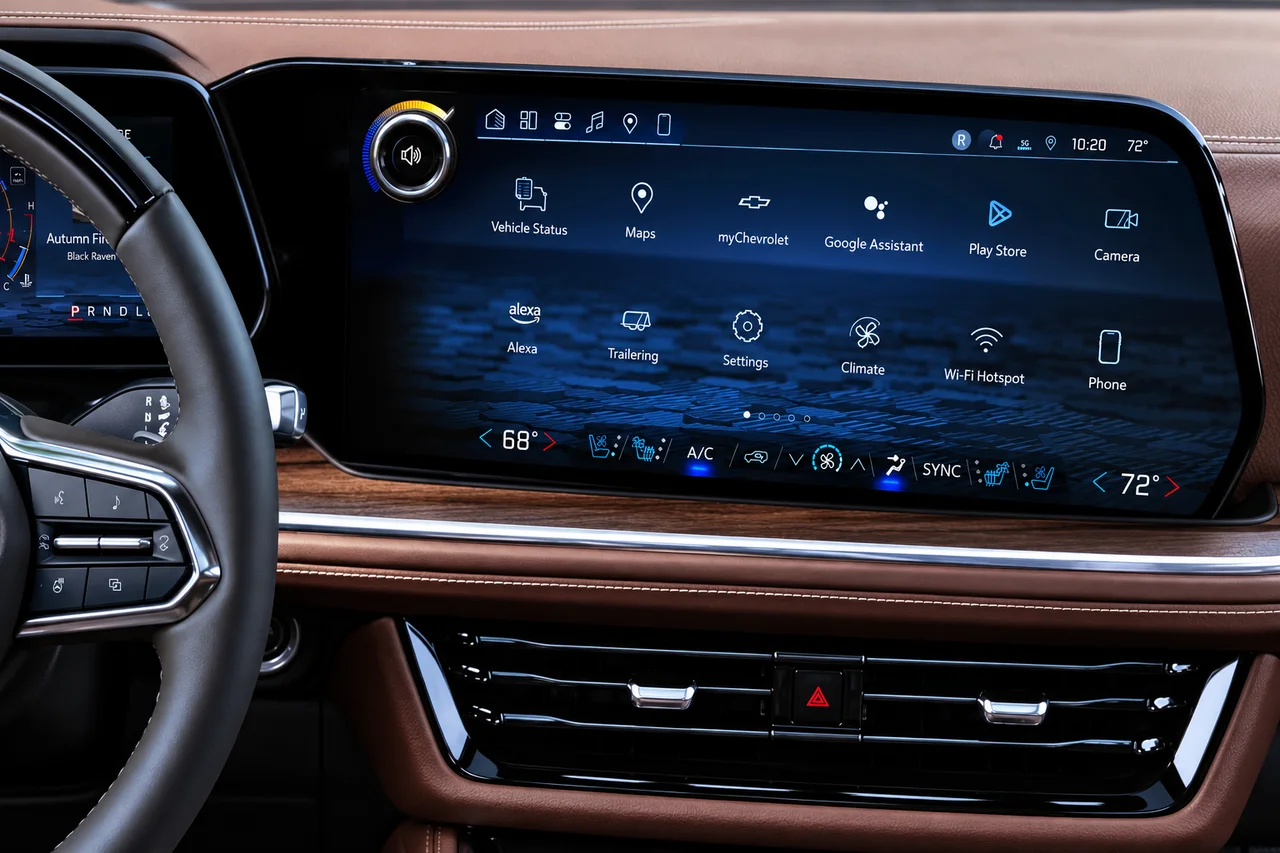 AI-enhanced close-up reference of a Suburban center touchscreen with a physical volume knob, brown stitched dashboard trim, wood accents and horizontal air vents.